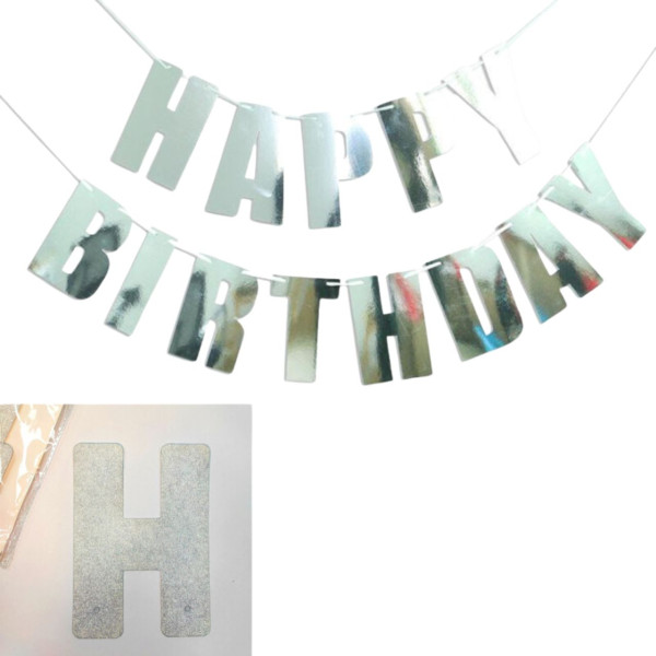 Напис картонний фольгований 18х10 см Happy Birthday друкований Срібло блискітки