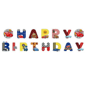 Напис картонний Happy Birthday Тачки Різнокольоровий