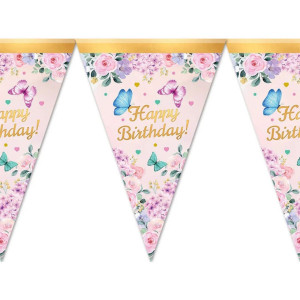 Бумажные флажки вымпелы 24 см Happy birthday с бабочками 2 метра Розовый
