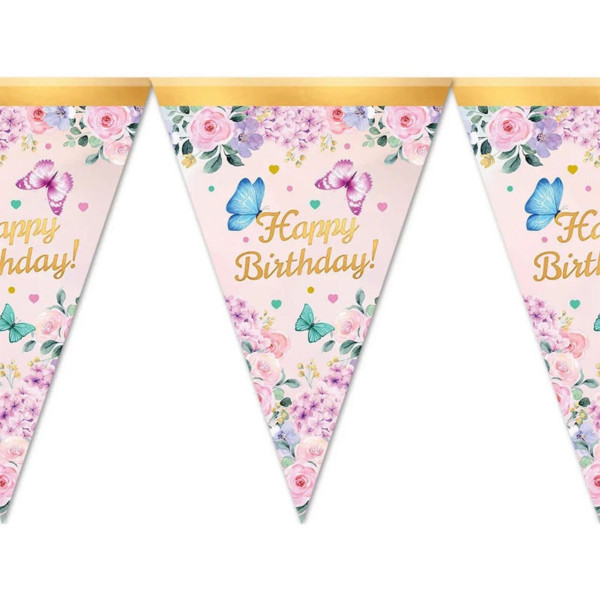 Паперові прапорці вимпели 24 см Happy birthday з метеликами 2 метри Рожевий