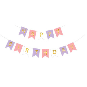 Напис картонний на прапорцях 20х16 см Happy birthday Бузок і рожевий 3 метри