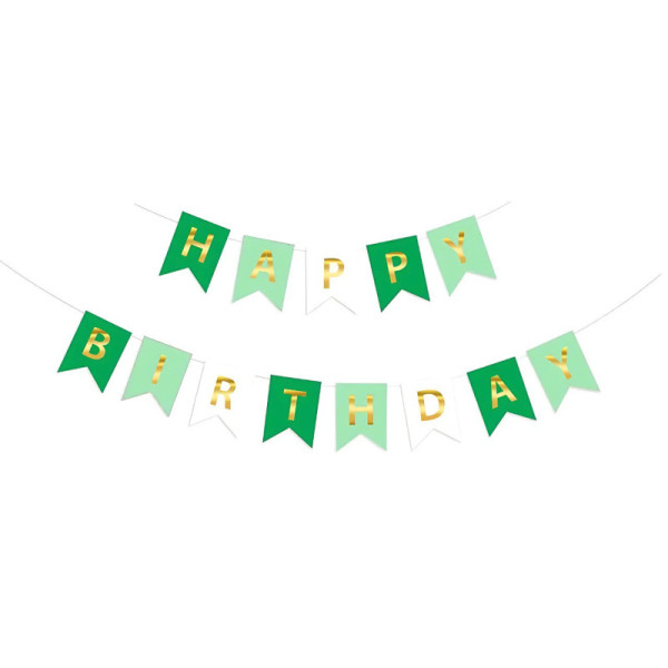 Напис картонний на прапорцях 20х16 см Happy birthday Зелений та м'ята 3 метри
