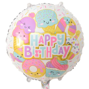Куля фольгована кругла 18" 45 см двостороння з малюнком Happy Bithday Солодощі Різнобарвний Китай 